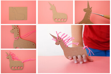 Cardboard unicorn puppet for kids DIY craft project, educational toy and creativity concept for...
