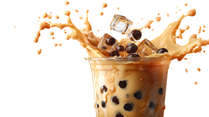 A glass of iced tea with ice cubes and bubbles. The bubbles are floating in the glass and the ice cubes are scattered throughout the drink