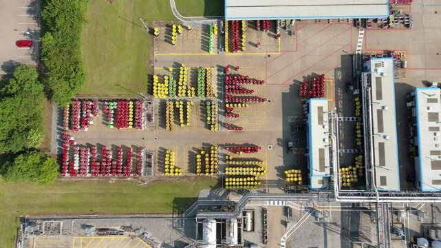 Aerial drone shot of BOC gas production facility with gas cylinders and piping industrial manufacturing energy generation Immingham UK