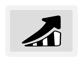 The image shows a stylized black icon on a light gray background within a rounded white frame. The icon features an upward-pointing arrow integrated with a bar chart
