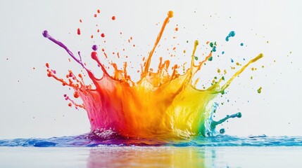 Vivid Rainbow Splash with Colorful Water Droplets on White Background