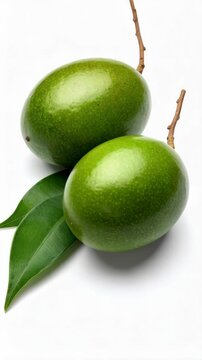 Two fresh green ambarella fruits with small branches and leaves arranged on white background