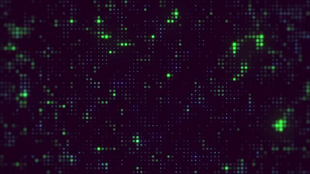 Animated glowing green and blue dots forming digital data information display background