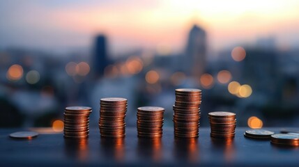 Stacks of Coins with Blurred City Skyline During Sunset Evening