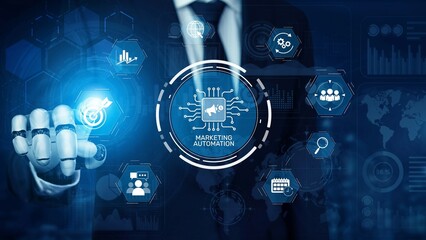Marketing automation diagram showcase AI-driven campaign workflow, highlight marketing automation,...