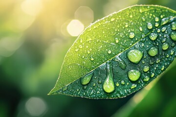 Close-Up of Fresh Green Leaf with Water Droplets and Sunlight Glow