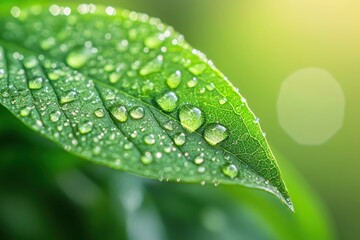 Close-Up of Fresh Green Leaf with Water Droplets and Natural Light