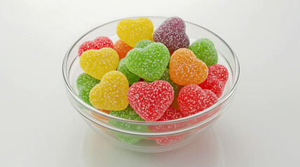 A clear glass bowl overflows with an assortment of vibrant, sugar-coated, heart-shaped jelly candies on a white background.