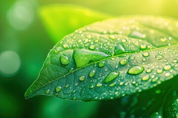 Close-up of Fresh Green Leaves with Water Drops Glowing in Sunlight