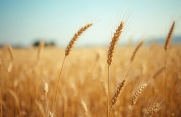 Fototapeta premium Golden wheat field in summer. Ripe cereal crops. Agriculture, farming concept, natural landscape. Yellow golden wheat field against the blue sky on a sunny day. Grain harvest, food production.