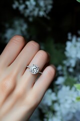 Elegant Hand Displaying Brilliant Round Diamond Engagement Ring