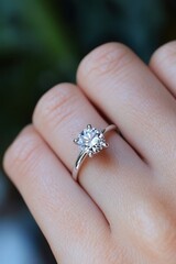 Elegant Solitaire Diamond Ring on Hand Against Soft Green Background