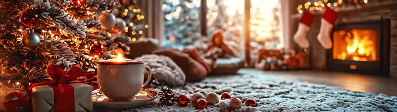 Cup of coffee sitting on a plate next to a christmas tree christmas background