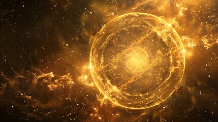 Golden celestial sphere amidst cosmic nebulae.