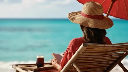 Relaxing beach day with a book and a drink while enjoying the ocean view under an umbrella - Powered by Adobe