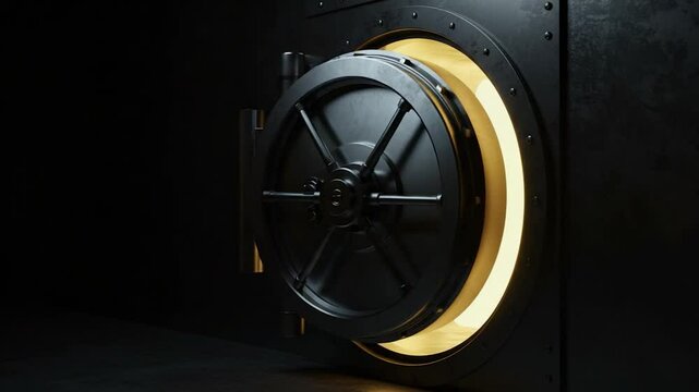 Metallic vault door partially open with bright interior light on dark background