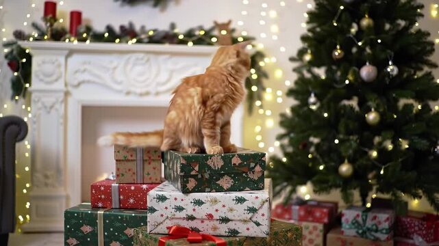 Ginger cat on christmas presents under decorated christmas tree in cozy indoor setting
