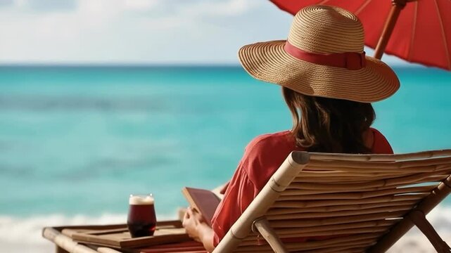 Relaxing beach day with a book and a drink while enjoying the ocean view under an umbrella