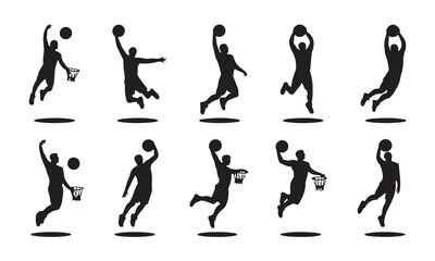 A collection of twelve black silhouettes of basketball players in various dynamic actions, such as shooting, catching, and dribbling vector art on white