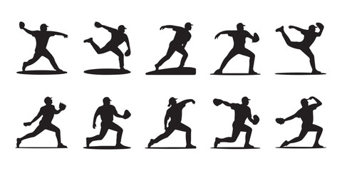 Baseball Players in Action Silhouettes, A collection of dynamic black silhouettes of baseball players in various action poses vector art on white