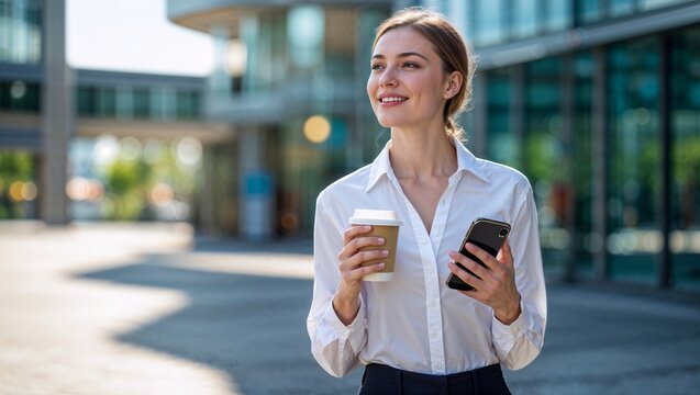 Confident businesswoman with coffee and phone outdoors