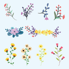 A collection of spring and summer hand-drawn flowers, springtime blooms, floral arrangements, and delicate blossoms.