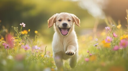 Happy Golden Retriever Puppy Running Through Colorful Meadow Flowers