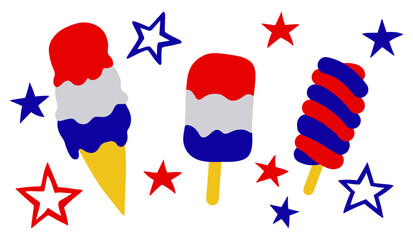 Vector set of ice cream and stars and elements for American Independence Day
