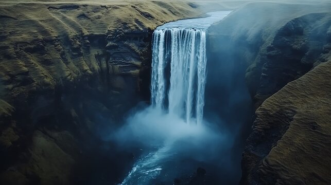 Majestic waterfall cascading down rugged cliffs.