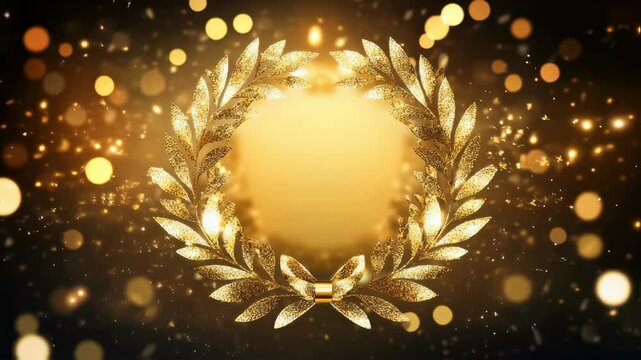 Golden laurel wreath with glowing bokeh lights transitioning in a festive display