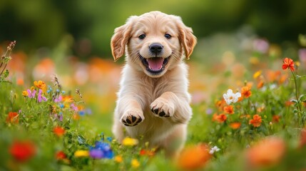 Happy Golden Retriever Puppy Running Through Colorful Flower Field