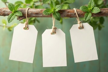 Blank cardboard price tags hanging on a tree branch, perfect for sale messages or gift. Fresh green mint leaves are scattered above, creating a fresh and eco-friendly atmosphere. 
