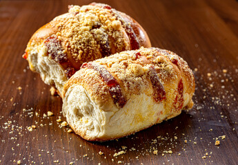Sweet bread:
Sweet buns with vanilla cream on the brown wooden table and black background