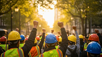 
A diverse crowd of workers in hard hats and high-visibility vests raise their fists in protest or solidarity, silhouetted against a bright, setting sun.