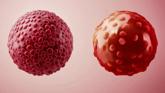 Two red spherical objects with bumpy, textured surfaces, resembling microscopic cells, against a pink background