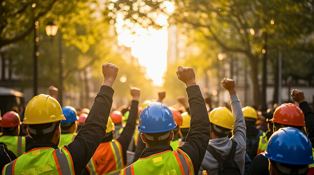 
A diverse crowd of workers in hard hats and high-visibility vests raise their fists in protest or solidarity, silhouetted against a bright, setting sun.