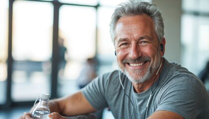 Smiling, healthy, fit, elderly man resting in gym after workout. Grey-haired man with white beard wears headphones, holds water bottle, resting. Happy senior in good shape. Active retirement