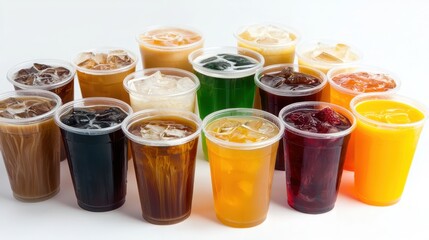 Variety of Colorful Cold Beverages in Clear Plastic Cups