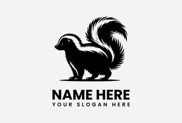 A black and white graphic illustration of a skunk with a bushy tail.