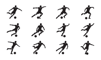 A set of twelve dynamic silhouettes of soccer players in various action poses, each interacting with a soccer ball vector art on white © FS Creation
