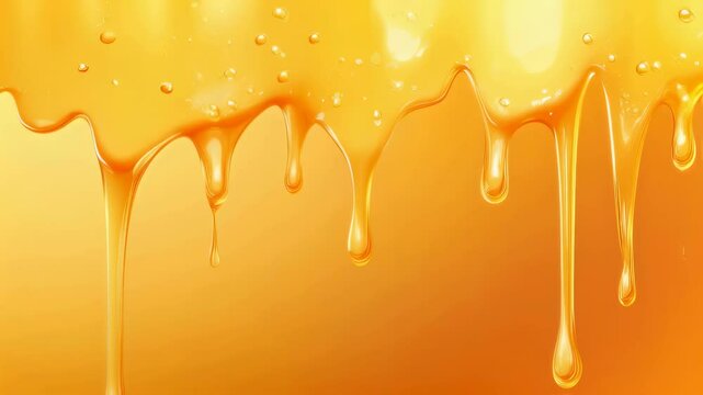 Golden honey dripping downward in smooth, viscous motion across bright amber background