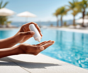 Applying sunscreen by the poolside while enjoying a sunny day outside