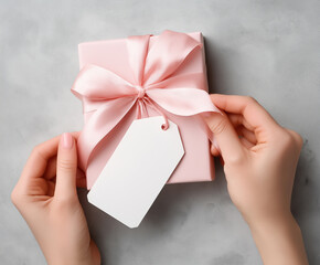 Beautifully wrapped gift with pink ribbon and blank tag on a neutral background