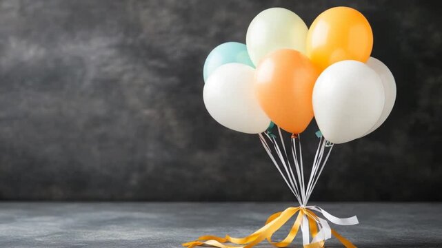 Colorful balloons tied with a ribbon on a textured surface, celebrating a joyful occasion