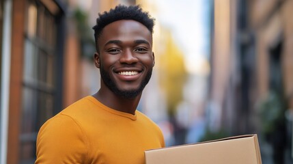 Smiling delivery professional in orange, exuding warmth and approachability, embodying reliable service with a personal touch.