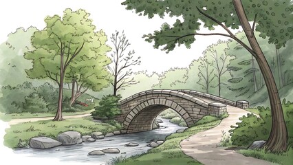 Serene Stone Bridge Watercolor Landscape Illustration of Tranquil Nature Scene