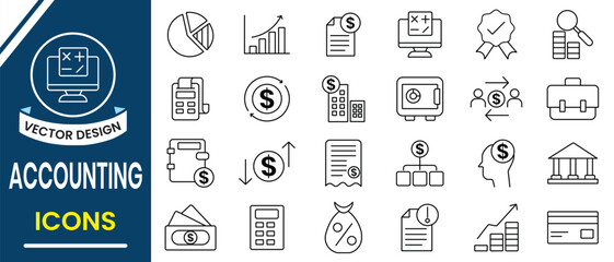 Accounting and taxes icon set collection. Outline icon of accounting, financial statement, invoice, tax calculator, financial audit, tax return, income and more. Vector illustration.