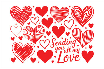 Hand drawn red heart doodles set on white background vector illustration