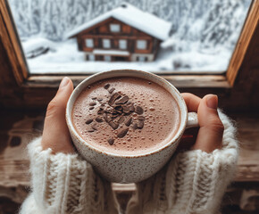 Enjoying hot chocolate by the window in a cozy cabin surrounded by winter scenery