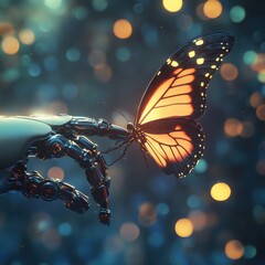 Robotic Hand Holding Colorful Butterfly with Abstract Background